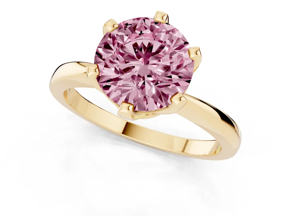 Fancy Pink Round Cut Solitaire Engagement Ring with Six-Prong Setting and Tapered Band Yellow gold