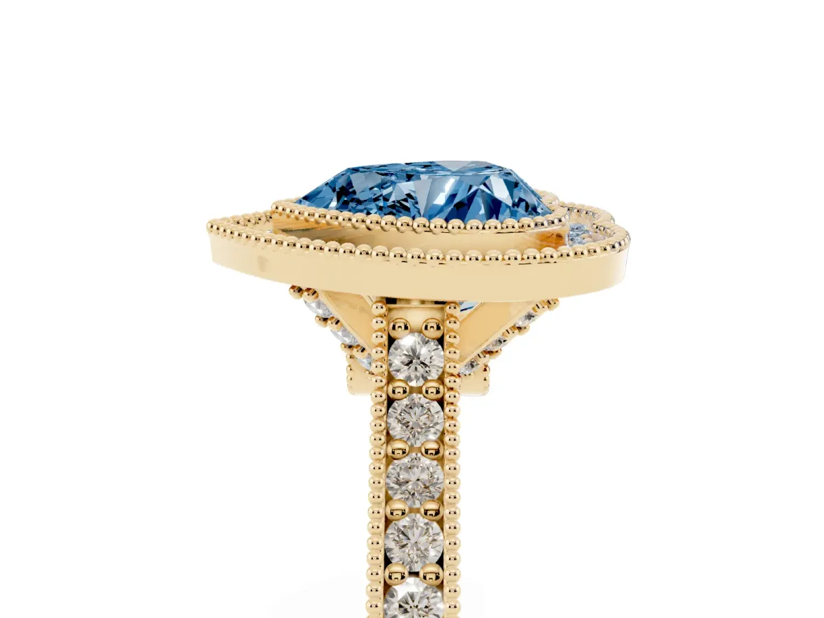 Fancy Blue Halo Heart Cut-Cut Diamond Pave Band Milgrain Prong Setting Ring Yellow gold