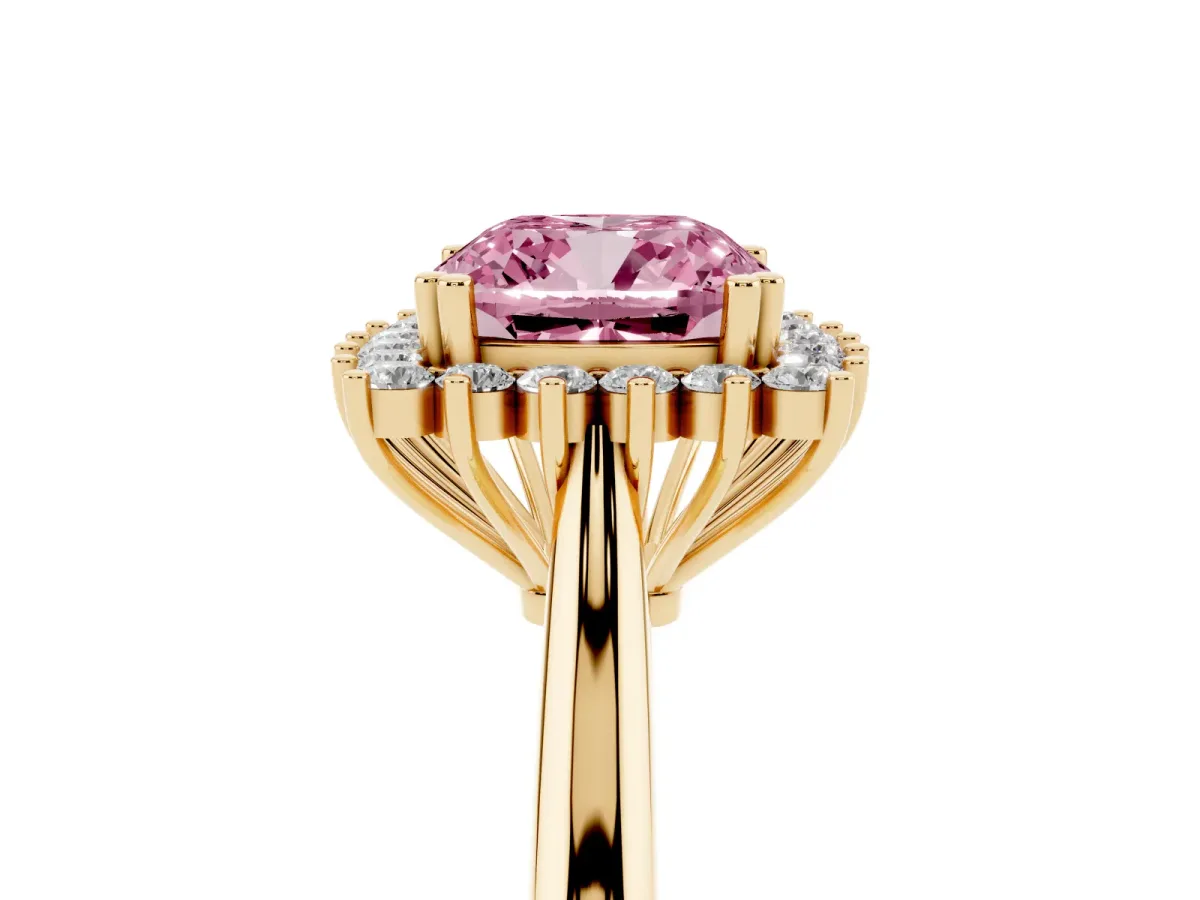 Fancy Pink Cushion Cut Cut Diamond Halo Ring with Solitaire Band and Prong Setting Yellow gold
