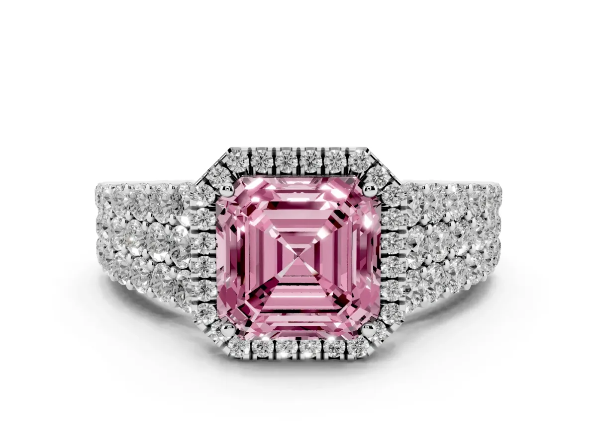 Fancy Pink Asscher Cut Diamond Halo Engagement Ring with Triple Row Round Pavé Band and Prong Setting Platinum