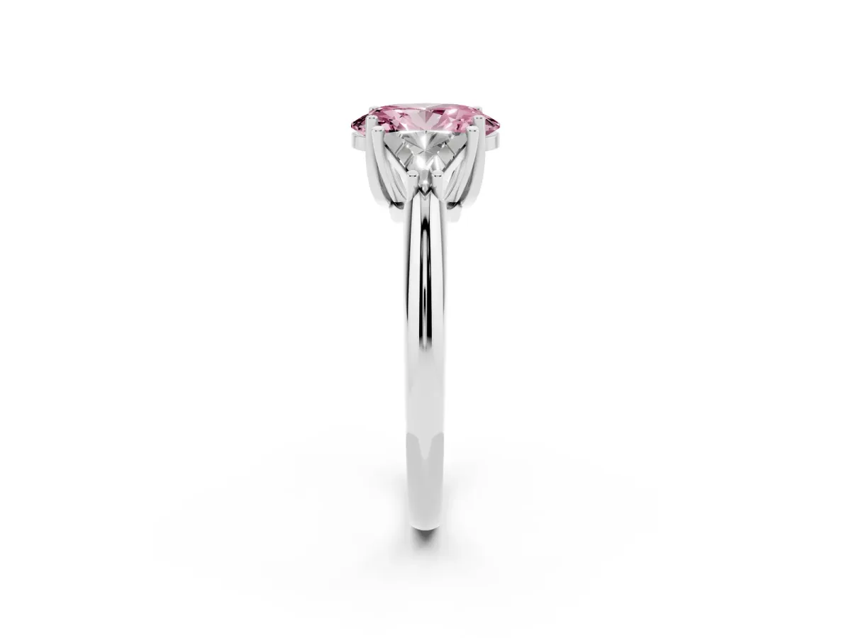 Fancy Pink Three-Stone Oval Cut Diamond Engagement Ring with Trillion Side Stones and Prong Setting Silver