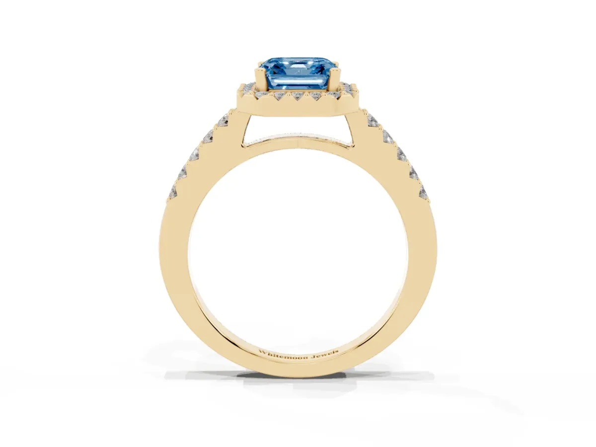 Fancy Blue Asscher Cut Halo Diamond Pavé Solitaire Ring Yellow gold
