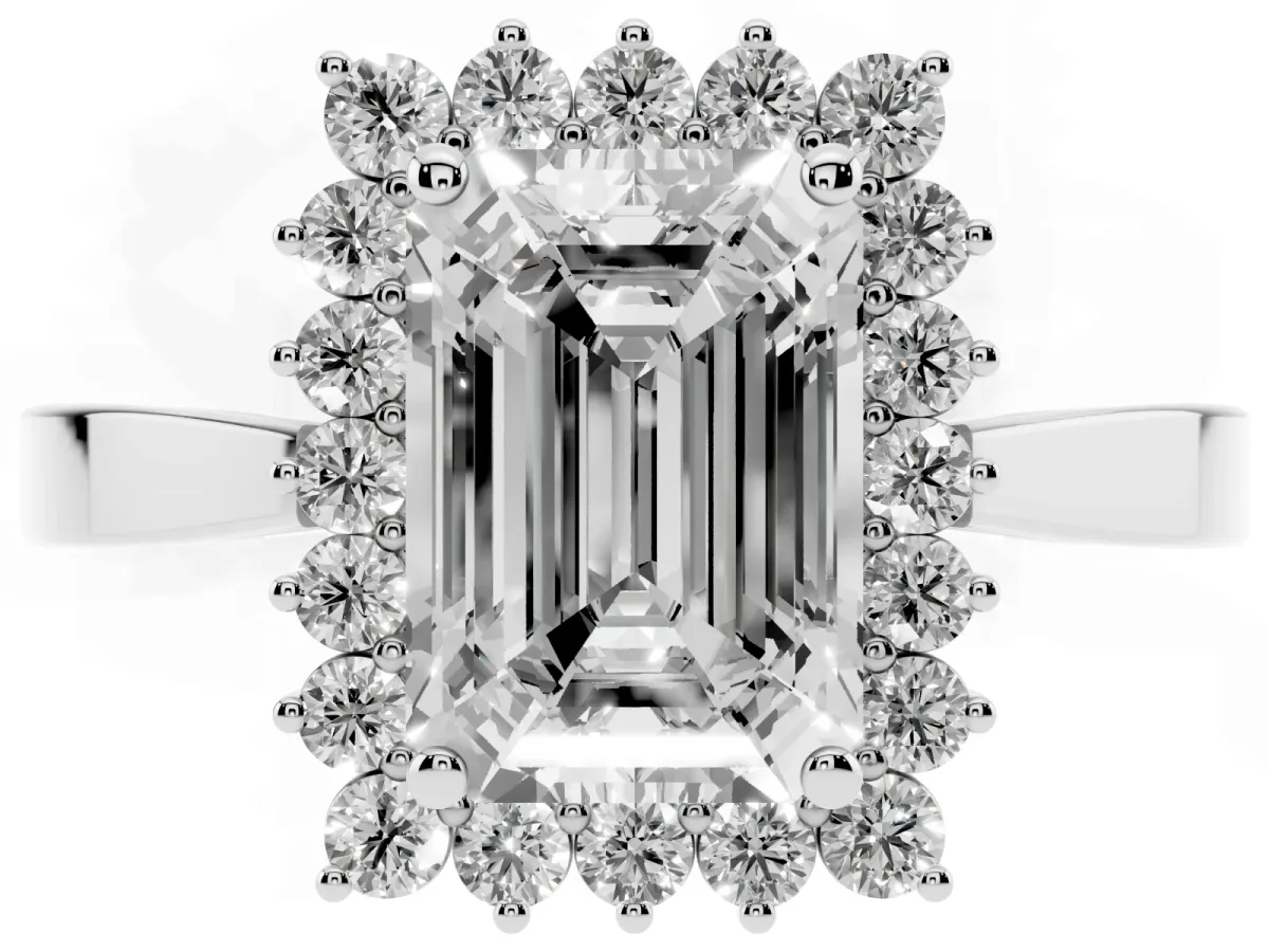 Emerald Cut Cut Diamond Halo Ring with Round Brilliant Halo and Solitaire Band Silver