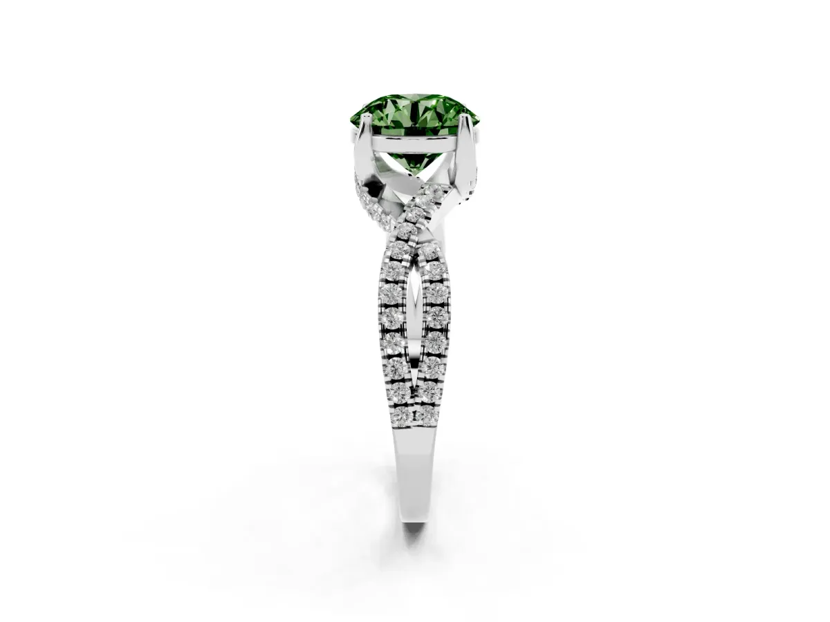 Fancy Green Round Cut Solitaire Twist Pave Diamond Engagement Ring with Prong Setting Silver
