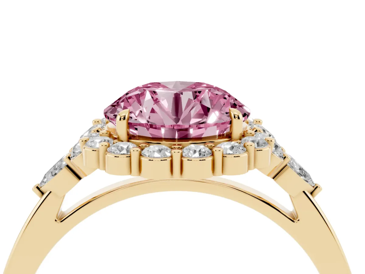 Fancy Pink Round Cut Diamond Halo Ring with Pear Side Stones and Prong Setting Yellow gold
