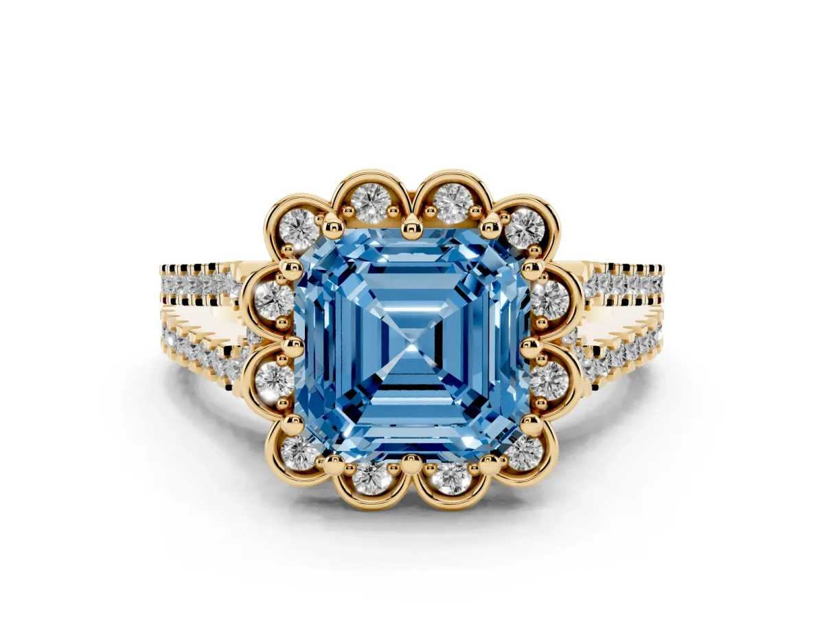 Fancy Blue Asscher Cut Halo Diamond Floral Split Shank Engagement Ring Yellow gold