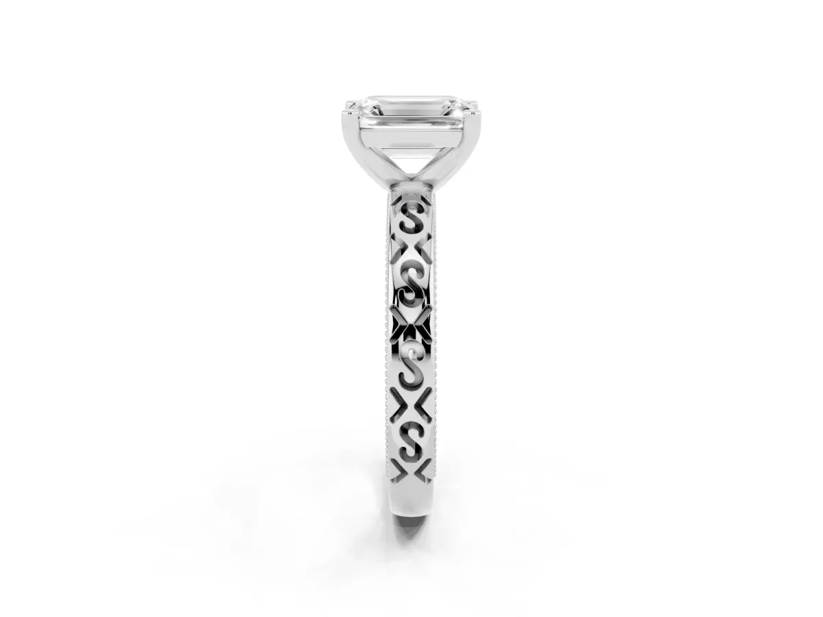 Emerald Cut Solitaire Engagement Ring with Scrollwork Band and Four-Prong Setting Platinum