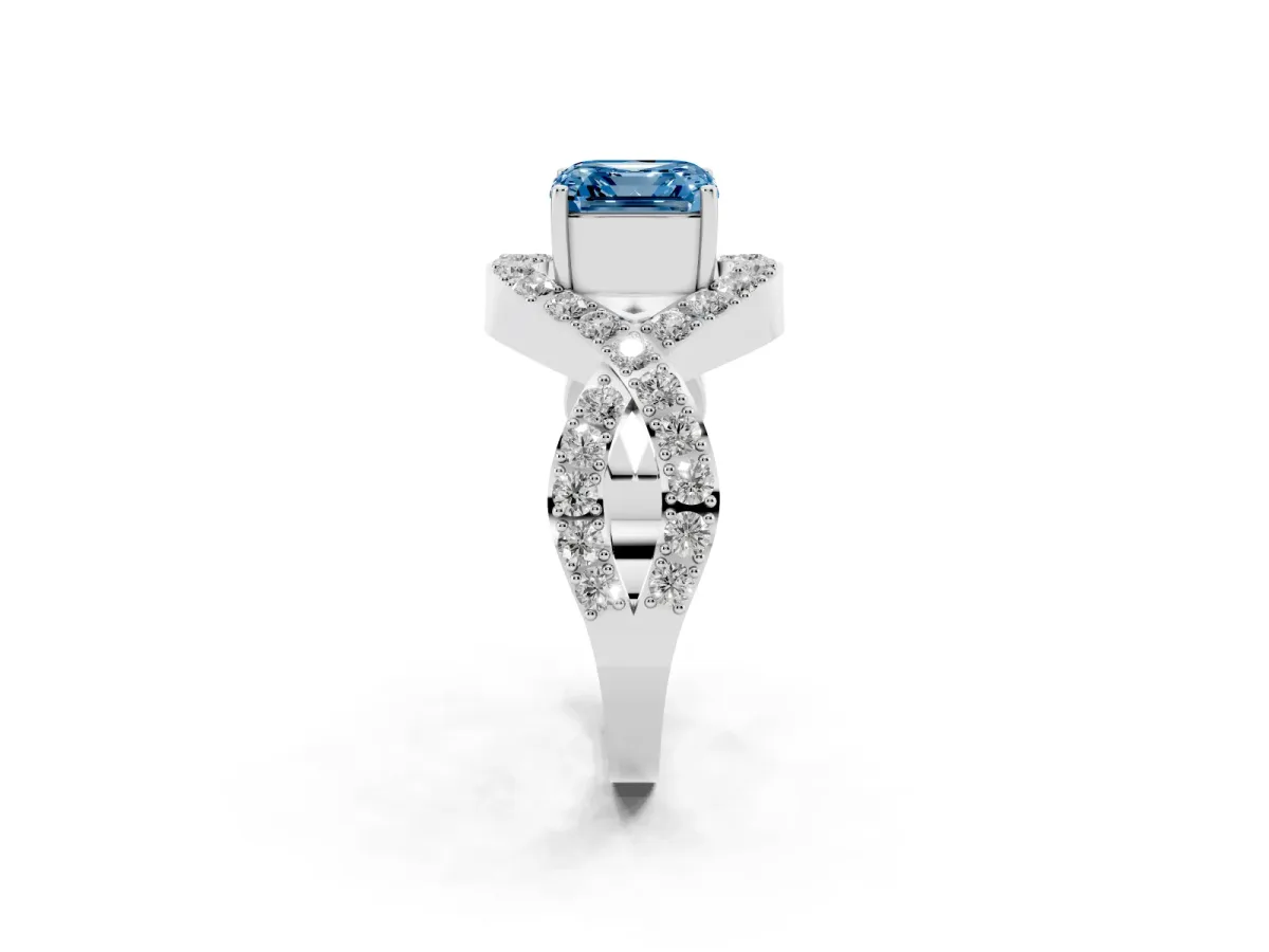 Fancy Blue Asscher Cut Solitaire Twist Band Pavé Diamond Engagement Ring Platinum