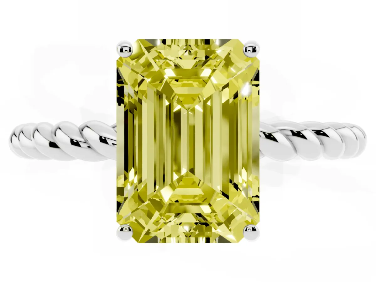 Fancy Yellow Emerald Cut Solitaire Twisted Band 4-Prong Ring Silver