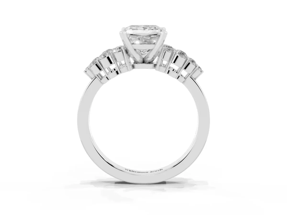 Princess Cut Cluster Diamond Engagement Ring with Pavé Band and Four-Prong Setting Platinum