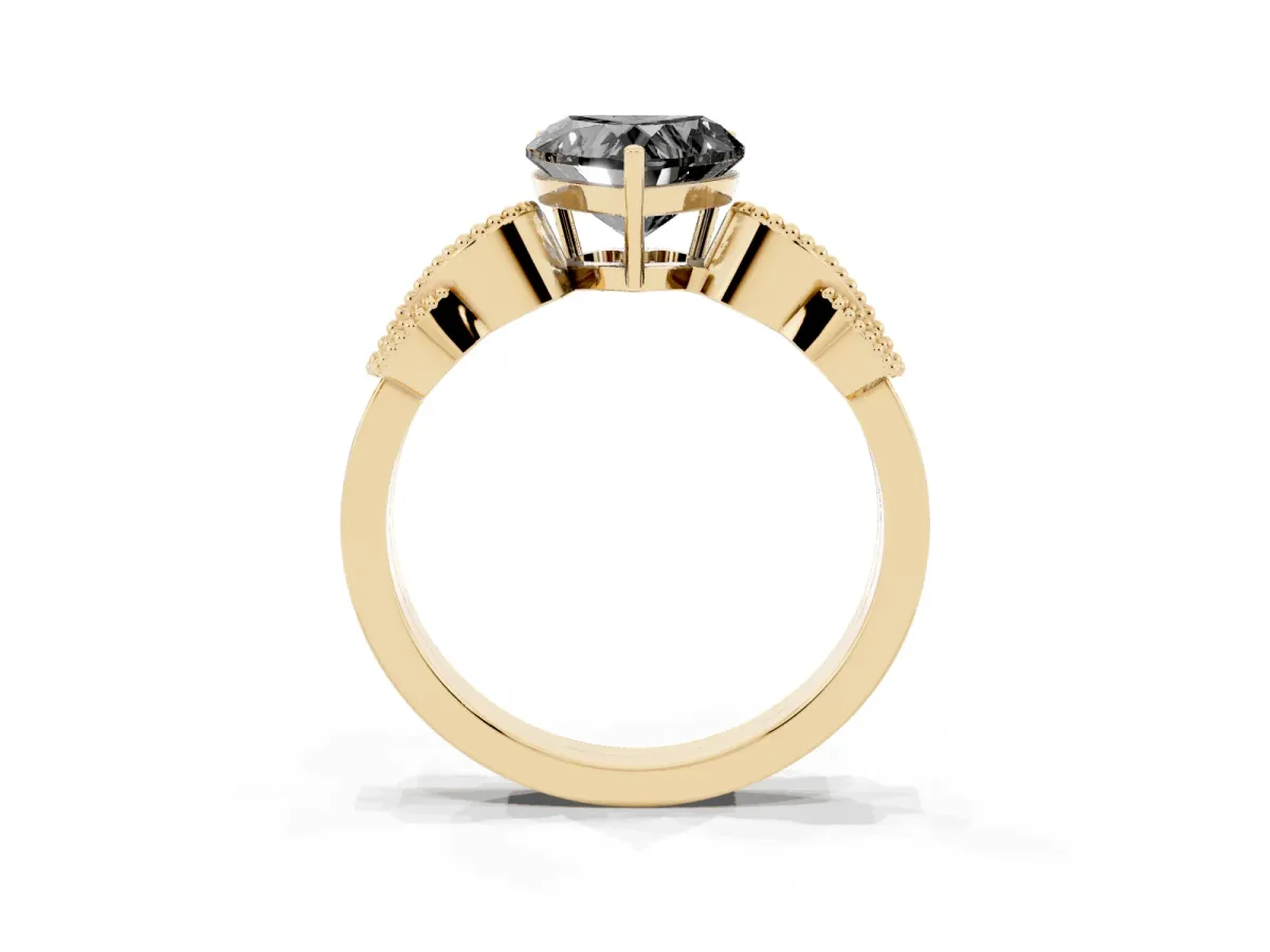 Fancy Black Heart Cut Solitaire Milgrain Leaf Band with Prong Setting Yellow gold