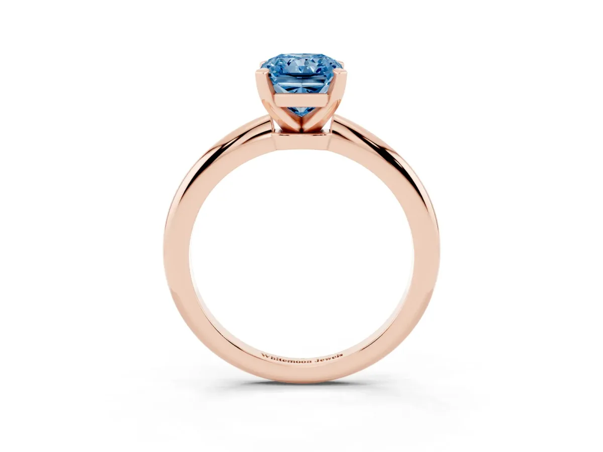 Fancy Blue Radiant Cut Diamond Solitaire Ring with Prong Setting and Classic Band Rose gold