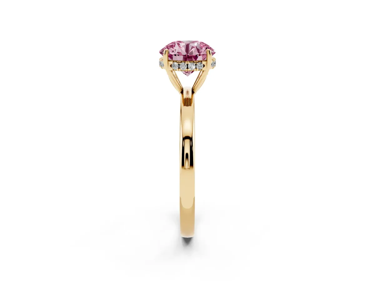 Fancy Pink Round Cut Solitaire Diamond Ring with Prong Setting and Plain Band Yellow gold