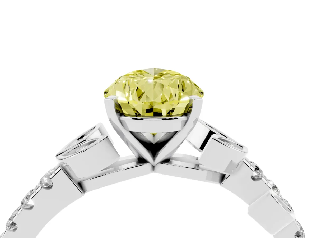 Fancy Yellow Pear Cut Solitaire Leaf-Inspired Diamond Ring with Pavé Band and Four-Prong Setting Silver
