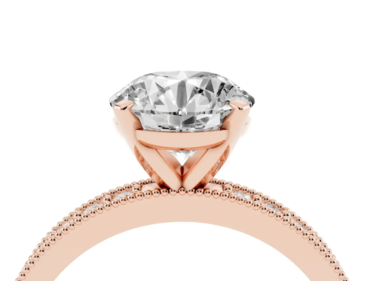 Round Cut Diamond Milgrain Pavé Engagement Ring with Four-Prong Setting Rose gold