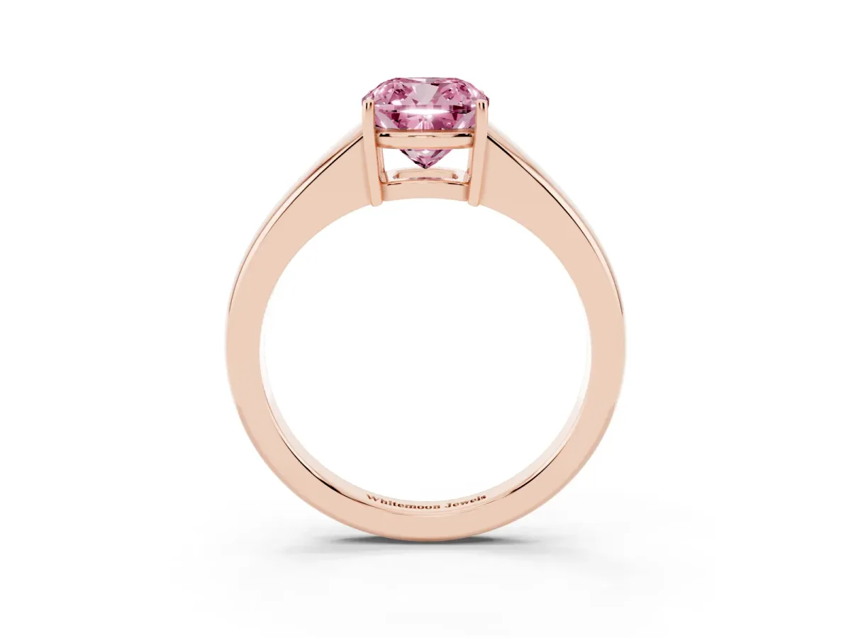 Fancy Pink Cushion Cut Solitaire Diamond Ring with Tapered Band and Four-Prong Setting Rose gold