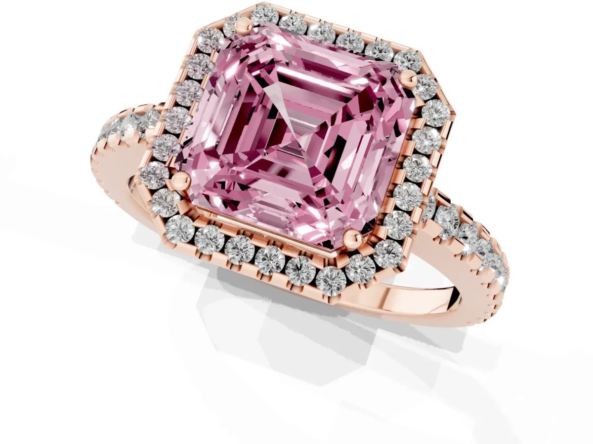 Fancy Pink Asscher Cut Diamond Halo Engagement Ring with Pavé Band and Prong Setting Rose gold