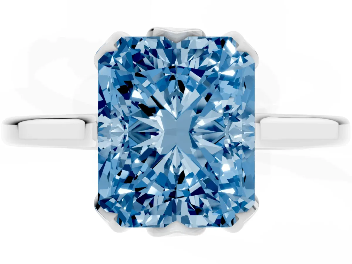 Fancy Blue Radiant Cut Diamond Solitaire Ring with Flower Prong Setting and Classic Band Silver