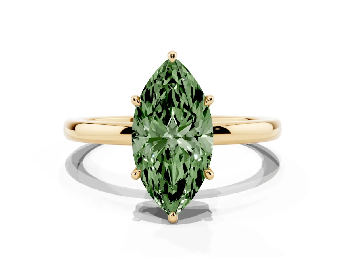 Fancy Green Marquise Cut Solitaire Engagement Ring with Cathedral Band and Four-Prong Setting Yellow gold