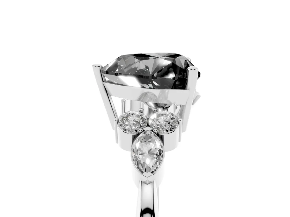 Fancy Black Heart Cut Brilliant Diamond Solitaire Ring with Pear Side Stones and Four-Prong Setting Platinum