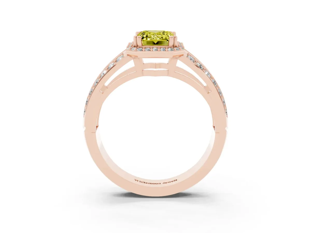 Fancy Yellow Emerald Cut Diamond Halo Ring with Split Shank Pavé Band and Four-Prong Setting Rose gold