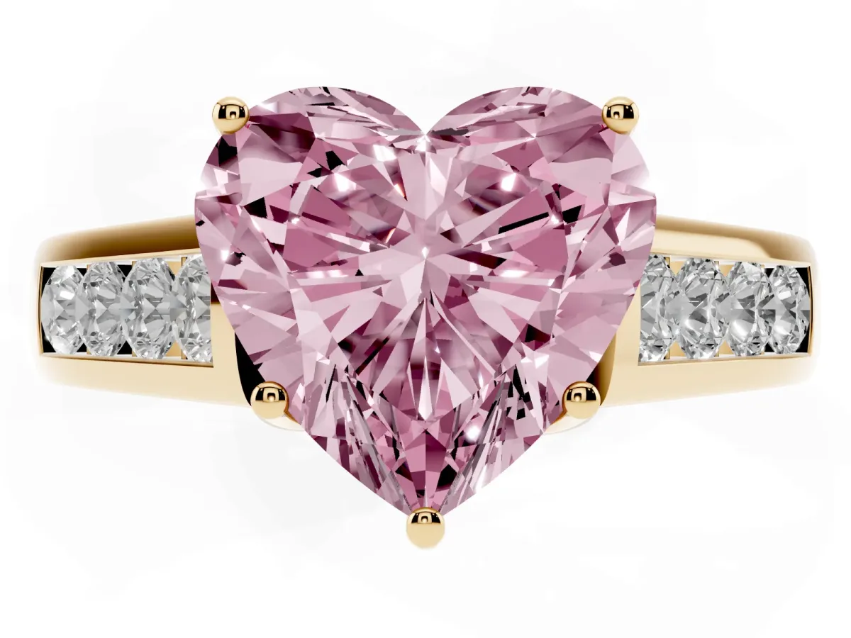 Fancy Pink Heart Cut Solitaire Channel-Set Diamond Engagement Ring with Four-Prong Setting Yellow gold