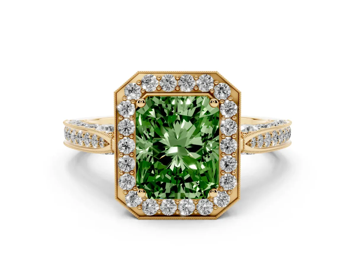 Fancy Green Radiant Cut Halo Diamond Engagement Ring with Split Shank Band and Four-Prong Setting Yellow gold