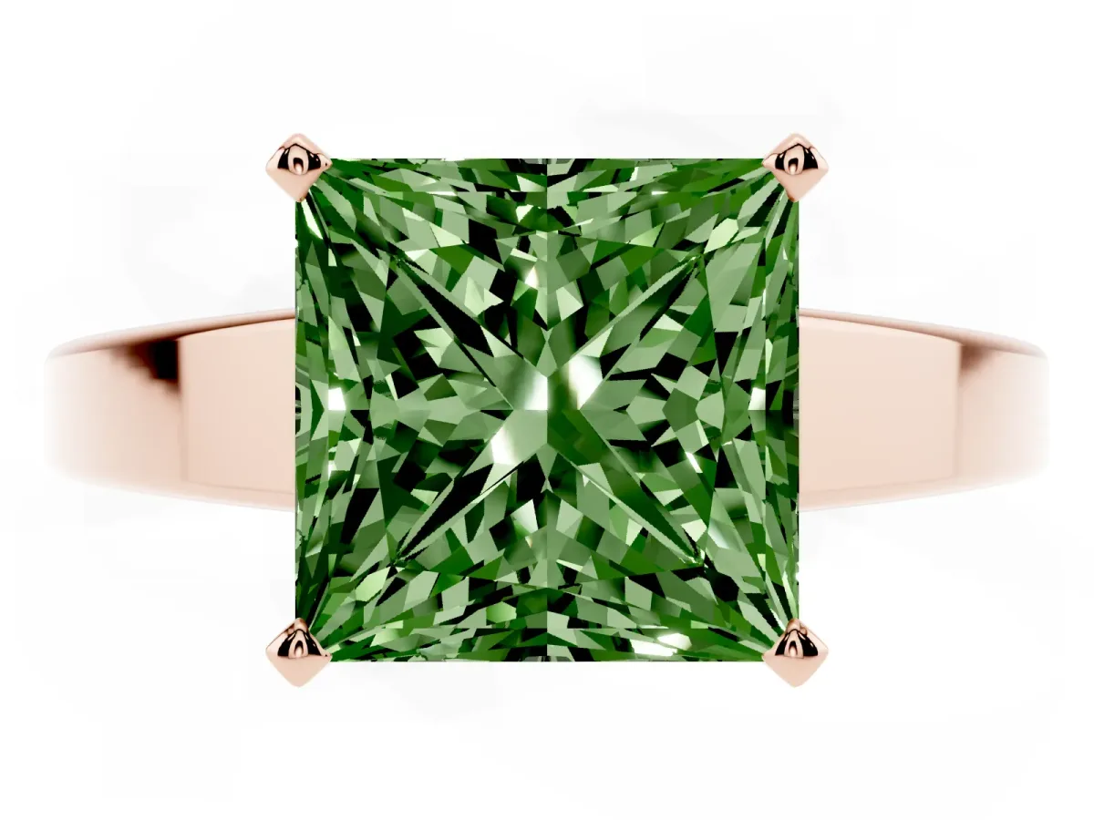 Fancy Green Princess Cut Solitaire Engagement Ring with Four-Prong Setting and Tapered Band Rose gold