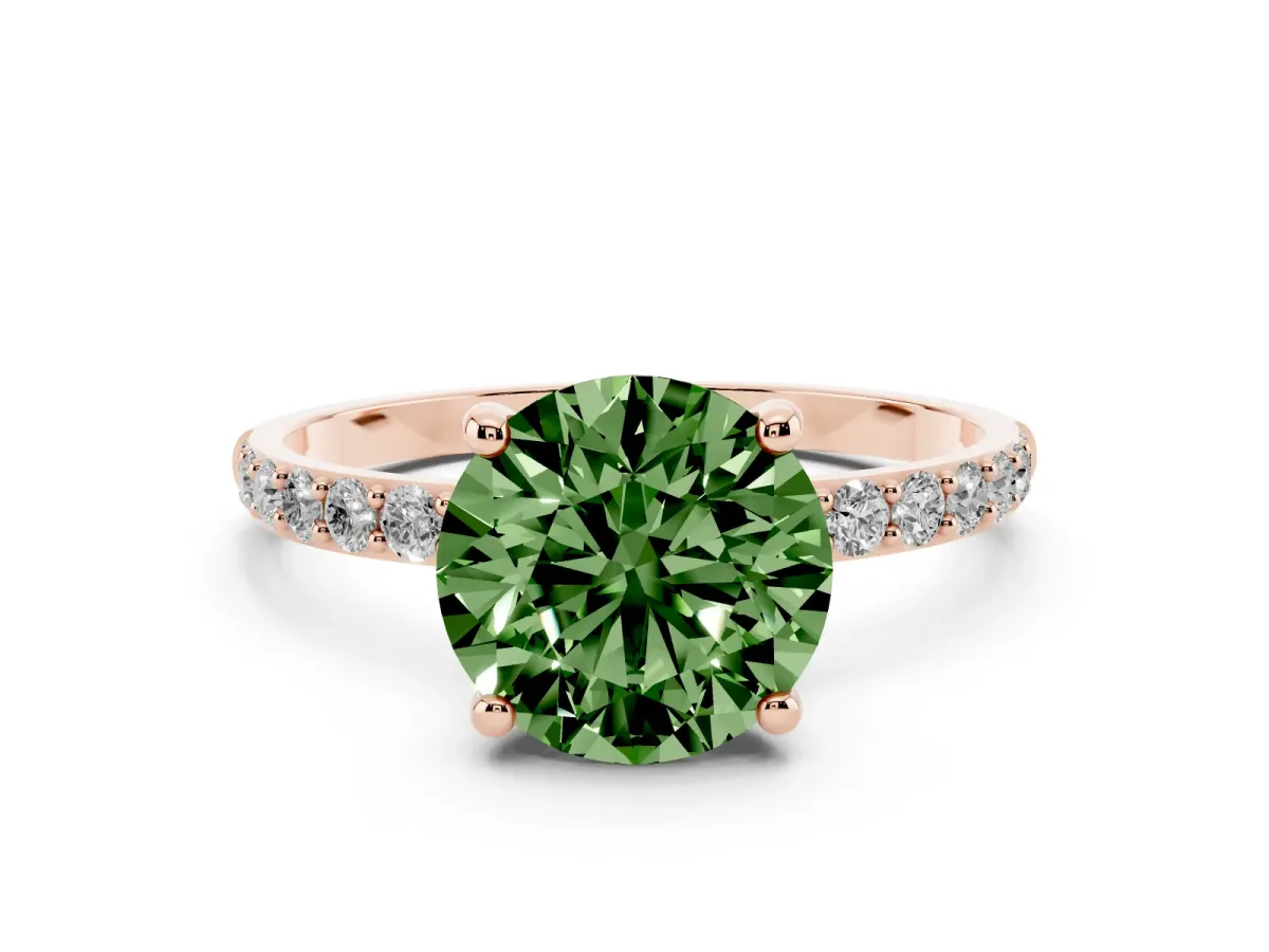 Fancy Green Round Cut Diamond Solitaire Ring with Round Pavé Band and Prong Setting Rose gold
