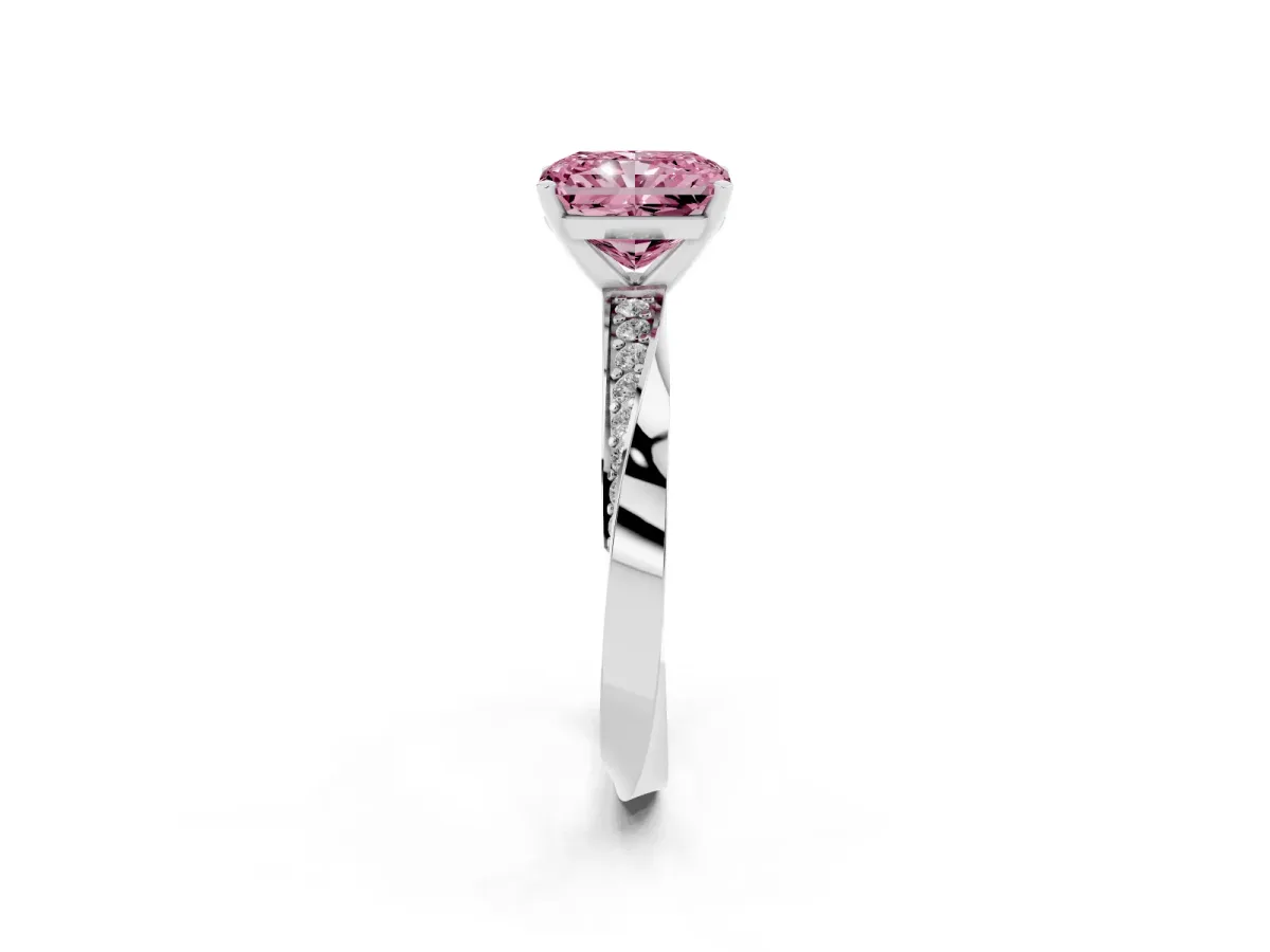 Fancy Pink Radiant Cut Diamond Engagement Ring with Side Stone Accents and Four-Prong Setting White gold