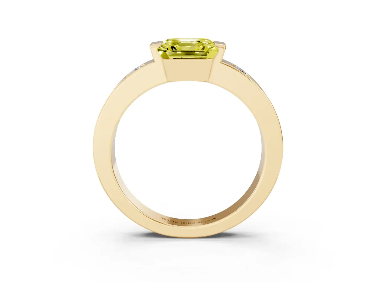 Fancy Yellow Asscher Cut Brilliant Channel-Set Diamond Ring with Bezel Prong Setting Yellow gold