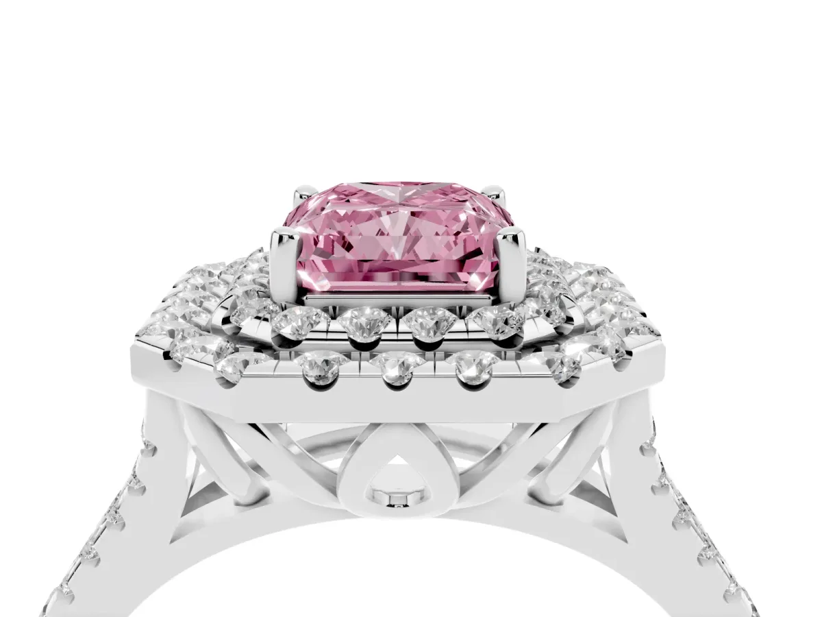 Fancy Pink Double Halo Radiant Cut Diamond Pavé Split Shank Ring with Prong Setting Silver