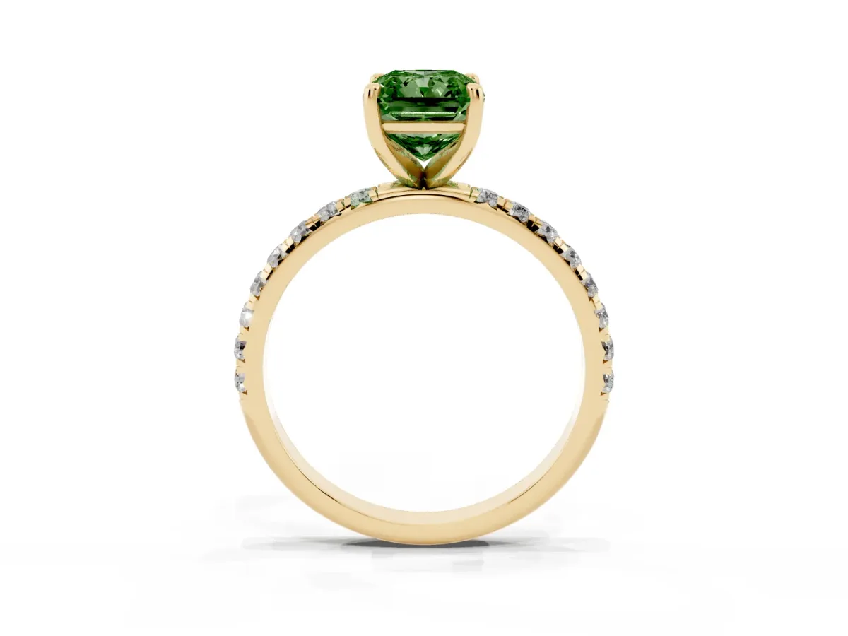 Fancy Green Radiant Cut Cut Diamond Solitaire Ring with Micro Pave Band and Four Prong Setting Yellow gold