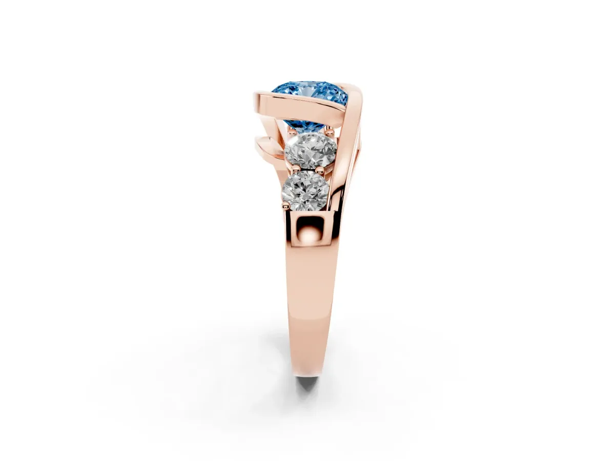 Fancy Blue Bezel Set Cushion Cut Diamond Bypass Ring with Round Accents Rose gold