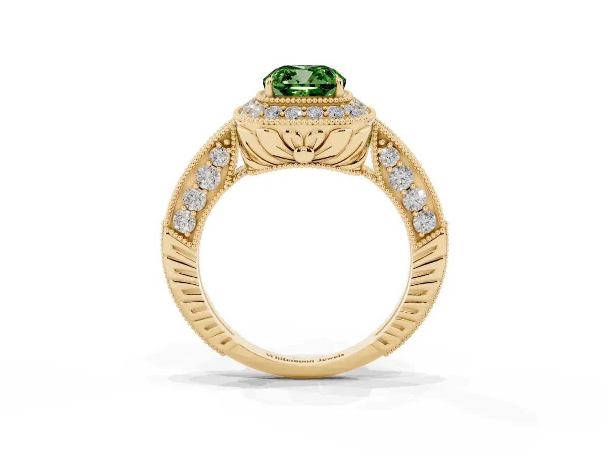 Fancy Green Cushion Cut Halo Diamond Split Shank Ring with Milgrain Detail Yellow gold