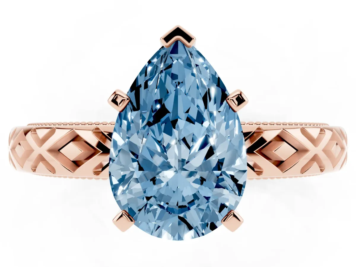 Fancy Blue Pear Cut Solitaire Diamond Ring with Milgrain and Black Enamel X Pattern Band Rose gold
