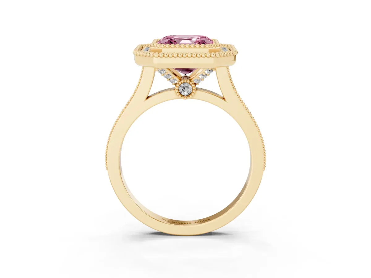 Fancy Pink Asscher Cut Diamond Halo Ring with Milgrain Frame and Pavé Band Yellow gold