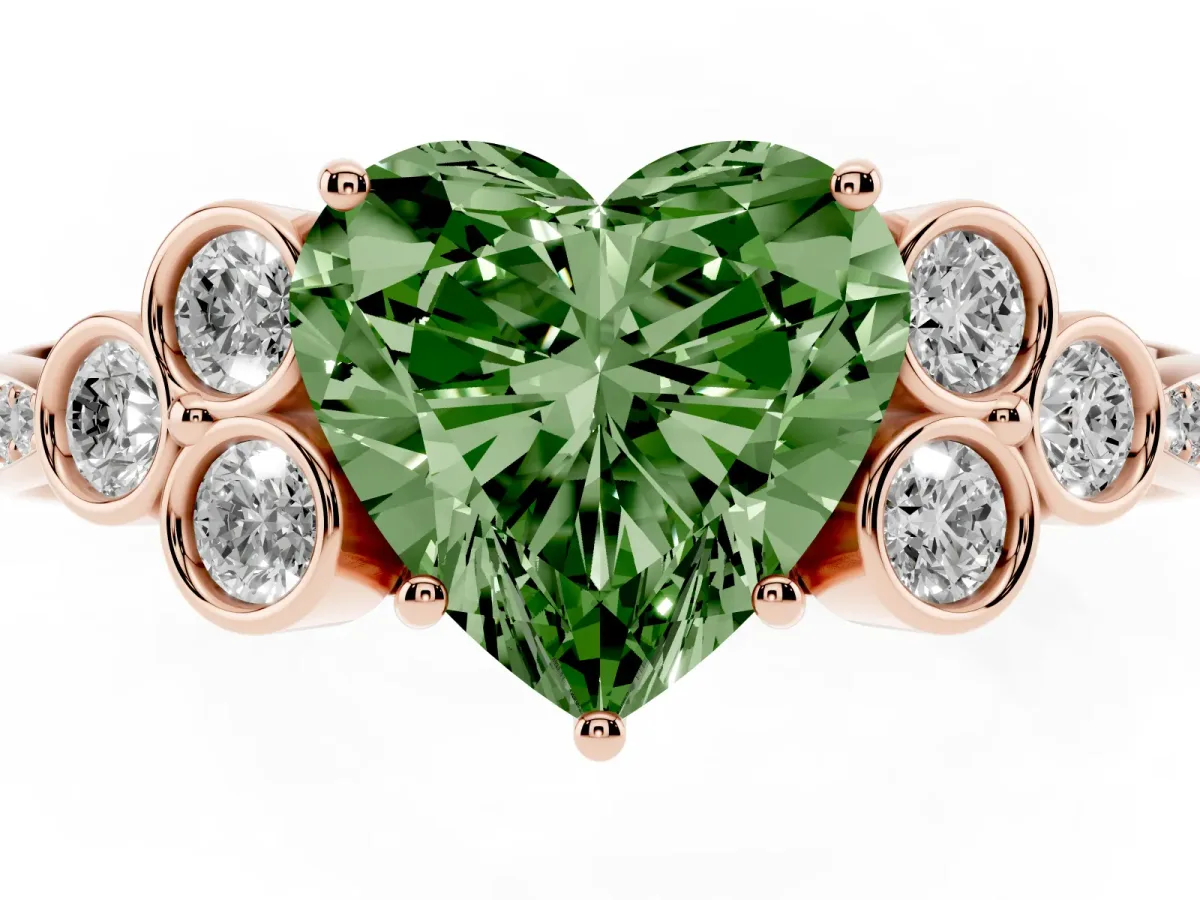 Fancy Green Heart Cut Cut Diamond Engagement Ring with Bezel Set Round Side Stones and Prong Setting Rose gold