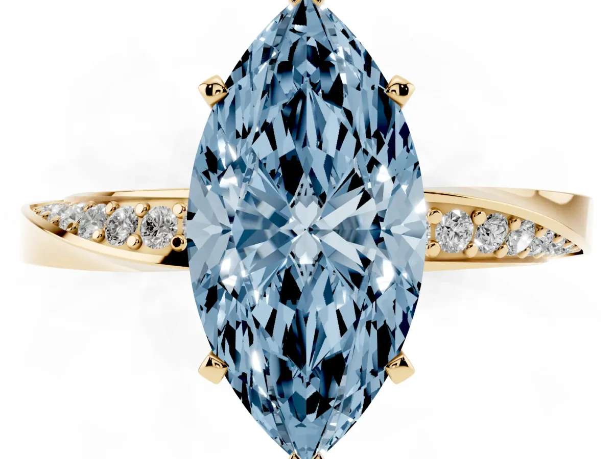 Fancy Blue Marquise Cut Diamond Engagement Ring with Side Stone Accents and Four-Prong Setting Yellow gold