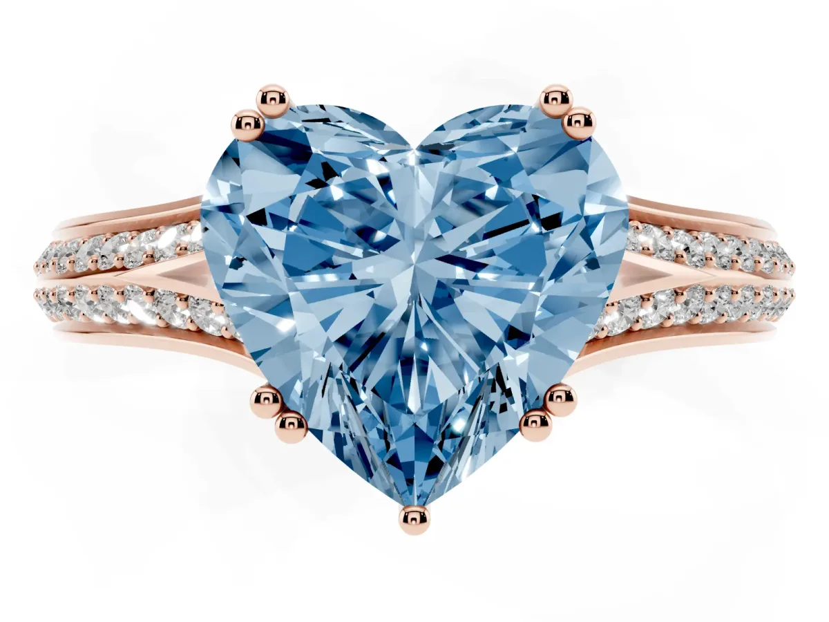 Fancy Blue Heart Cut Diamond Split Shank Engagement Ring with Pavé Band Rose gold