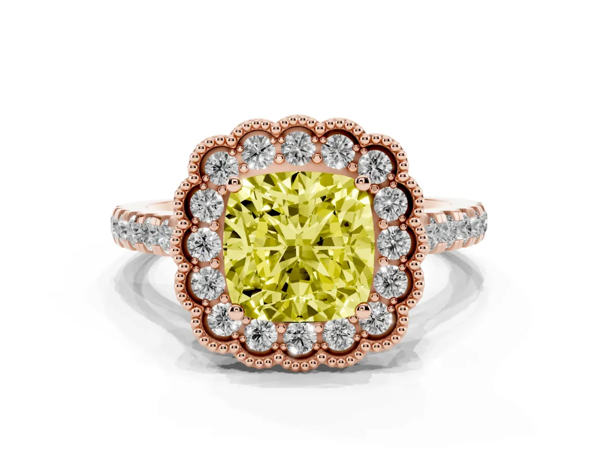 Fancy Yellow Cushion Cut Cut Diamond Milgrain Floral Halo Engagement Ring with Pavé Band Rose gold