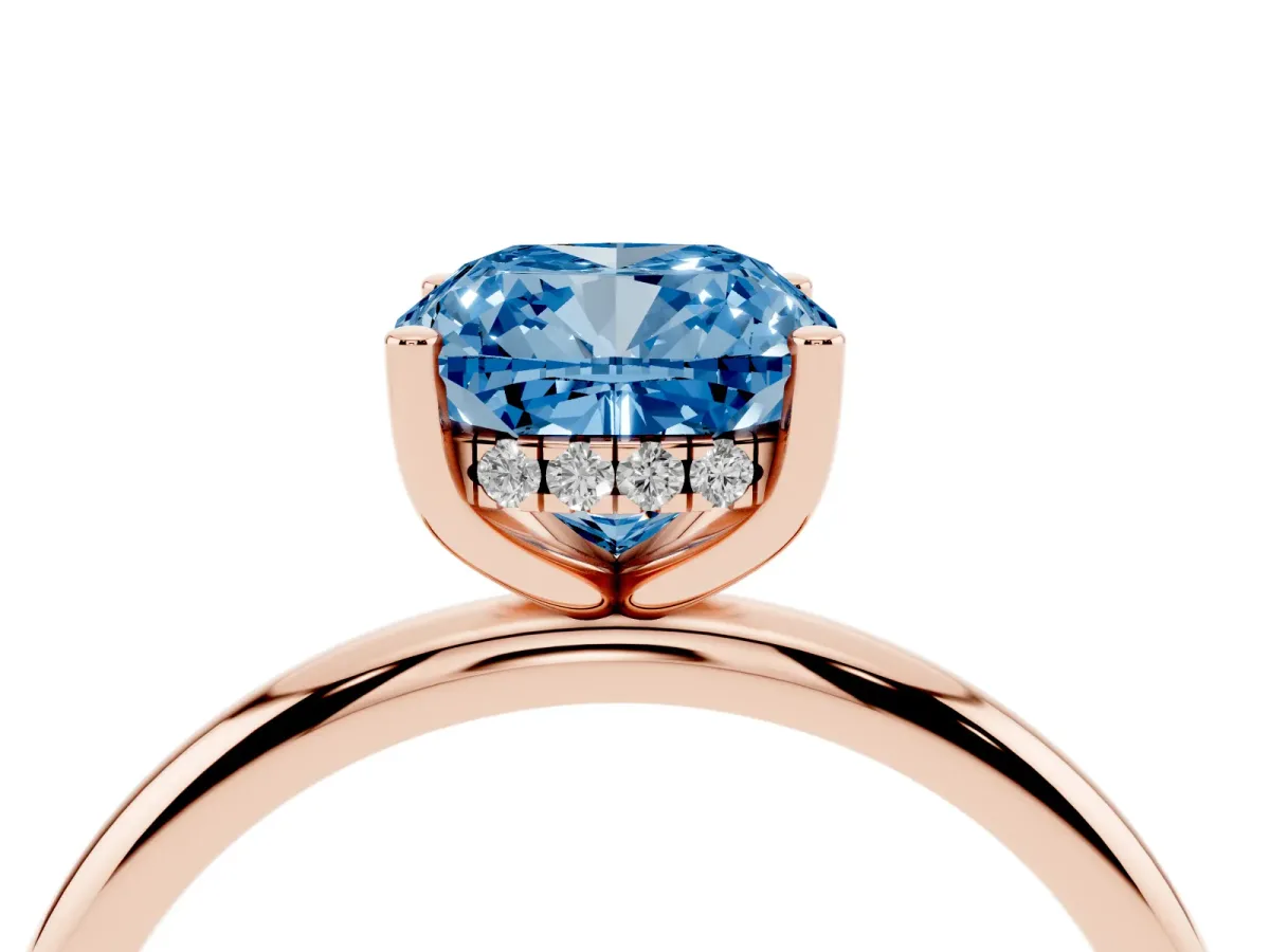 Fancy Blue Cushion Cut Cut Solitaire Engagement Ring with Four-Prong Setting and Classic Band Rose gold