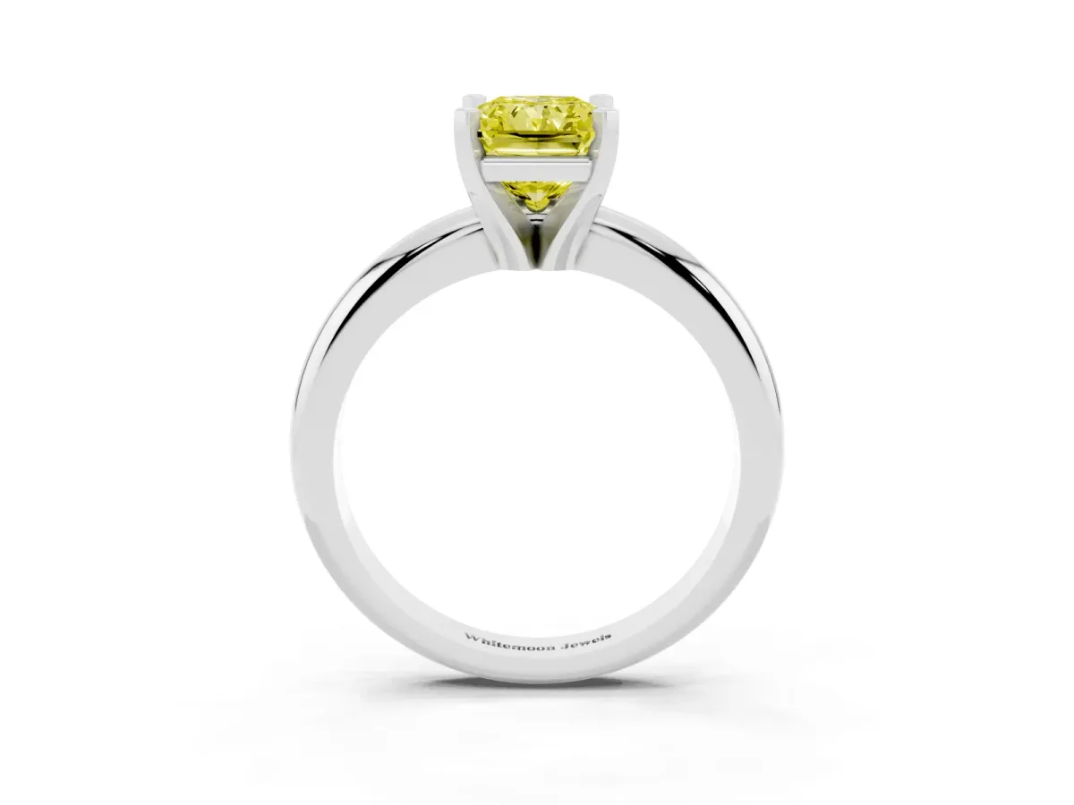 Fancy Yellow Radiant Cut Diamond Solitaire Engagement Ring with Round Band and Four-Prong Setting Platinum