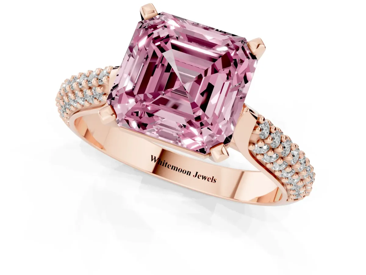 Fancy Pink Asscher Cut Diamond Solitaire Engagement Ring with Multi-Row Round Pavé Band and Prong Setting Rose gold