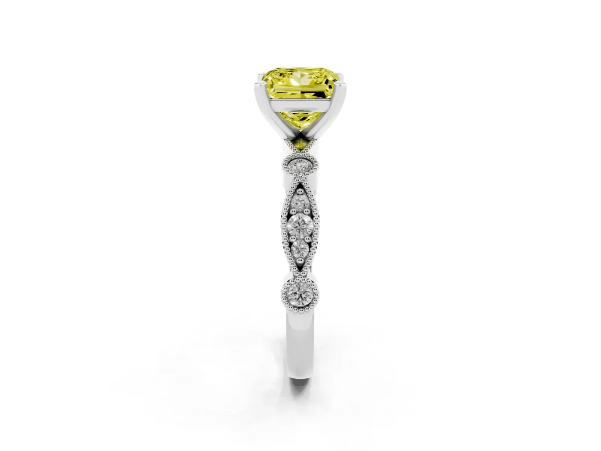 Fancy Yellow Princess Cut Milgrain Bezel Diamond Engagement Ring with Solitaire Prong Setting Silver