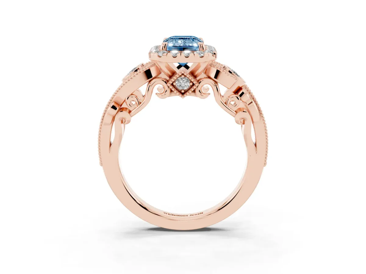 Fancy Blue Emerald Cut Diamond Halo Ring with Milgrain Pavé Band and Four-Prong Setting Rose gold