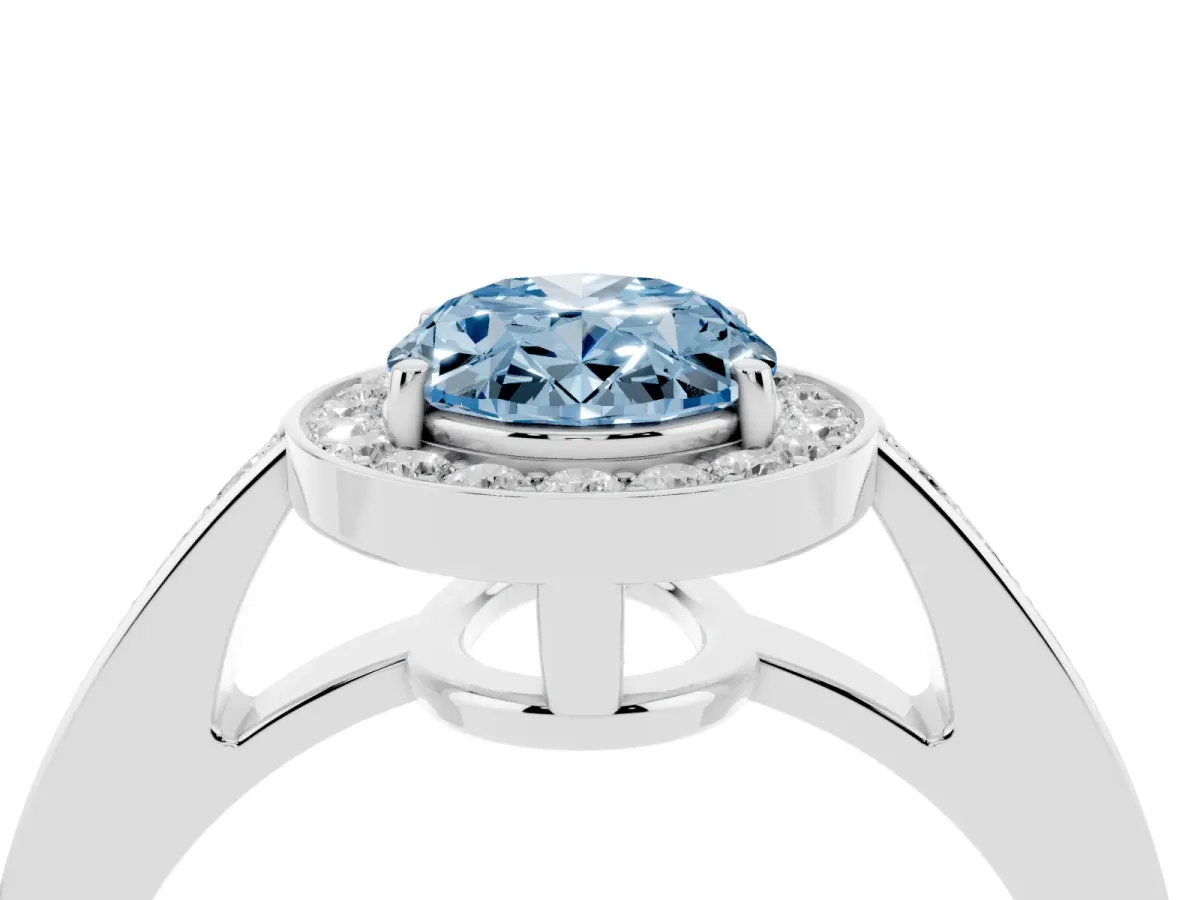 Fancy Blue Oval Cut Halo Pavé Diamond Engagement Ring with Bezel Setting Silver