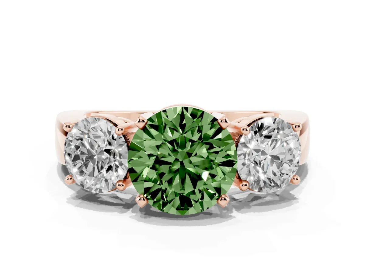Fancy Green Three-Stone Round Cut Diamond Ring with Round Side Stones, Classic Band, and Four-Prong Setting Rose gold