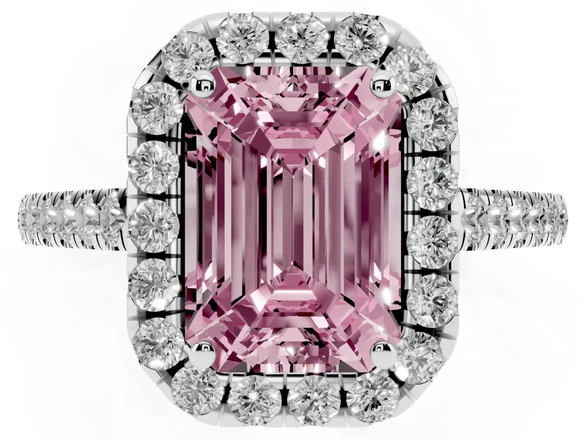 Fancy Pink Emerald Cut Halo Pave Diamond Engagement Ring with Four-Prong Setting Silver