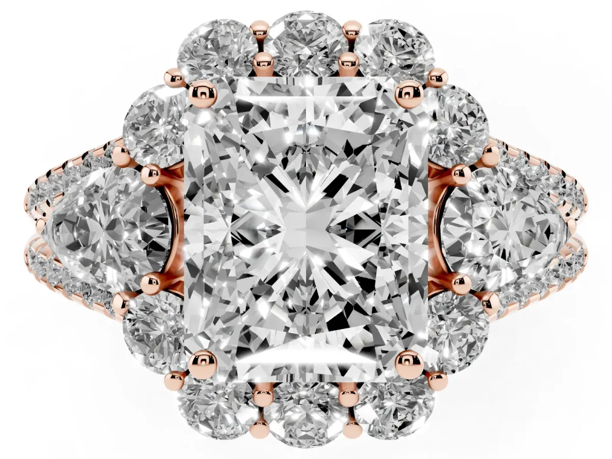 Radiant Cut Halo Split Shank Diamond Engagement Ring with Prong Setting Rose gold